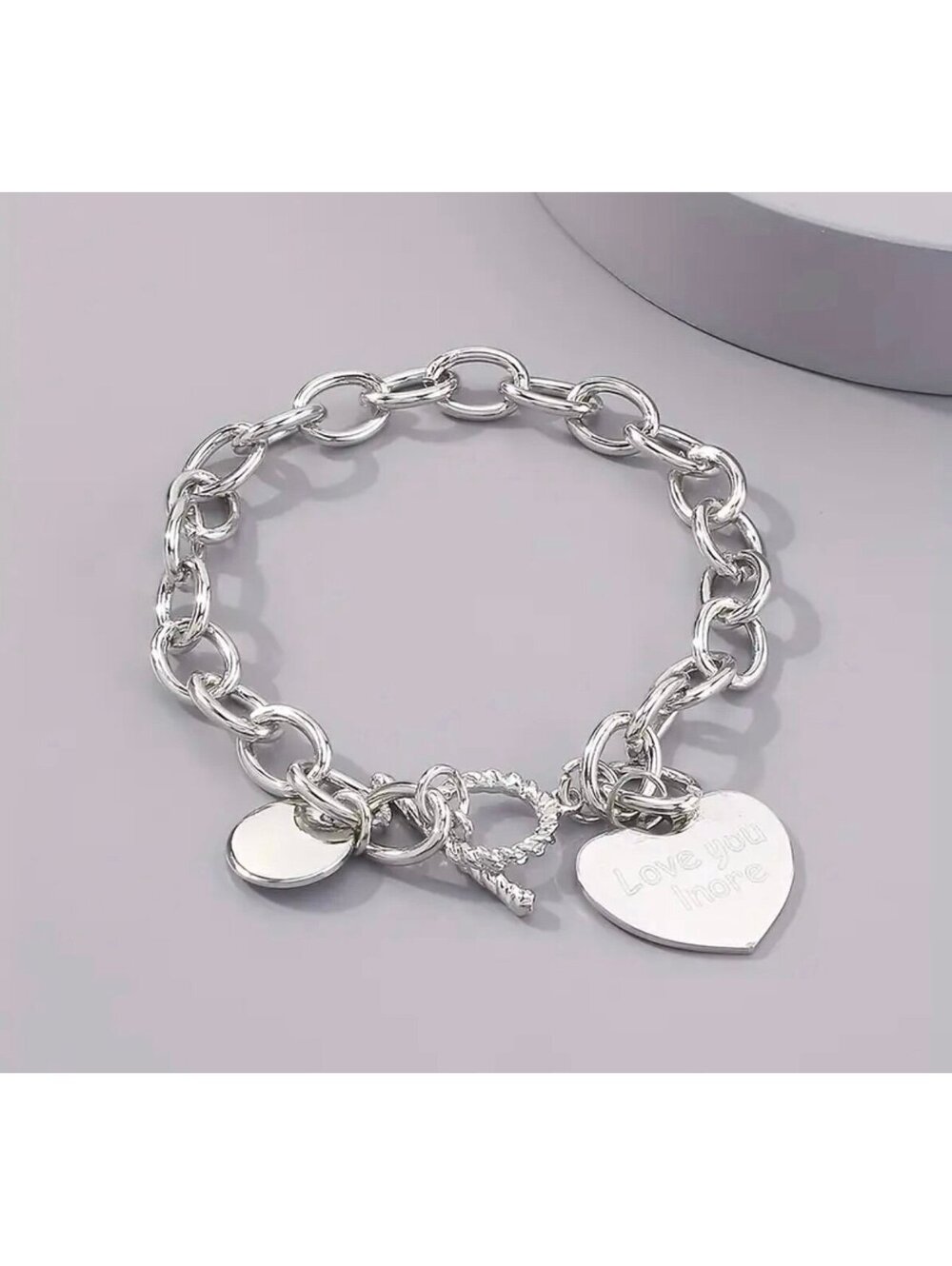 New - Stainless Steel - Love You - Heart Charm - Link - Toggle - Bracelet